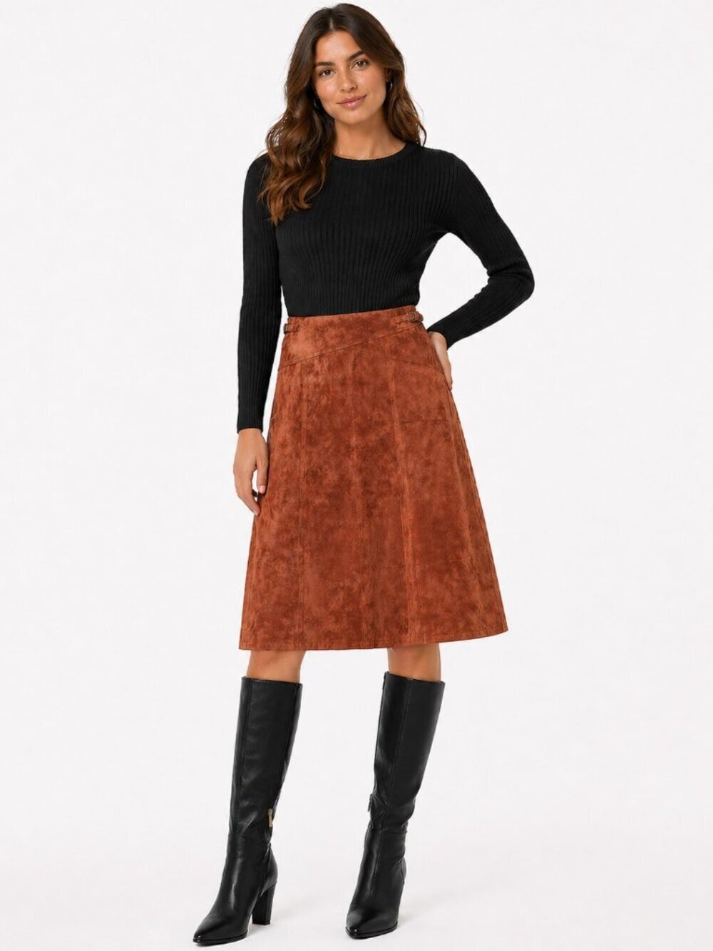 Arma Chestnut Brown A-Line Suede Leather Skirt